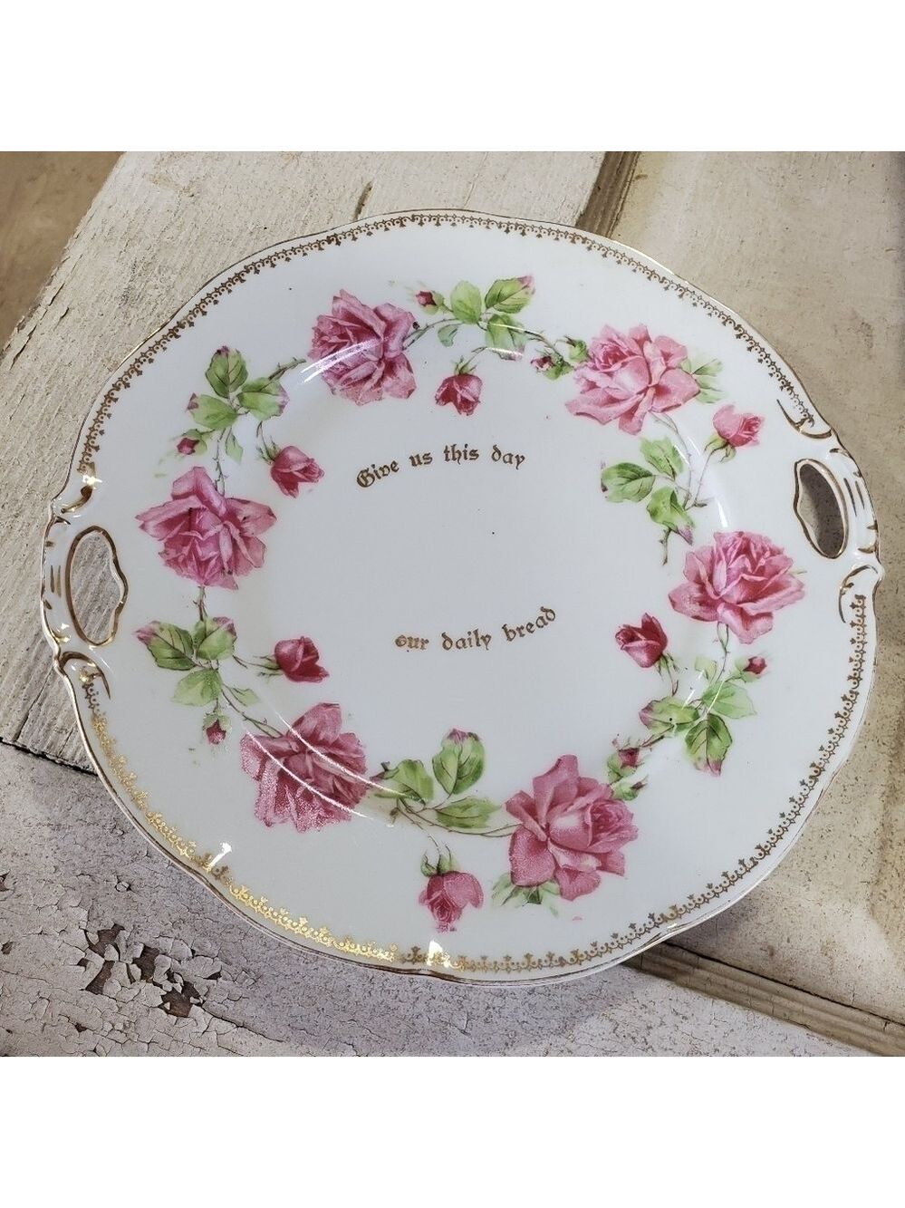 Vtg Victoria Crown Austria floral rose platter Give us this day our daily bread